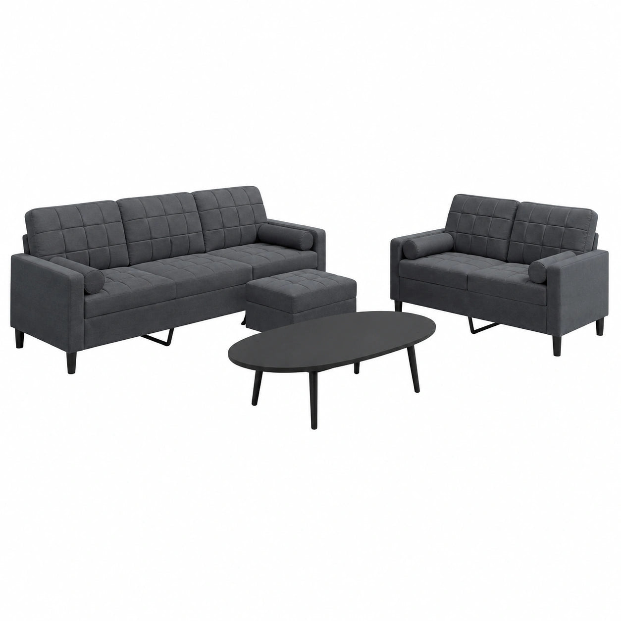 Divano angolare in velluto grigio scuro, set con sgabello, 137x197 cm, design moderno, struttura in metallo, comfort per soggiorno, ufficio e camera ragazzi