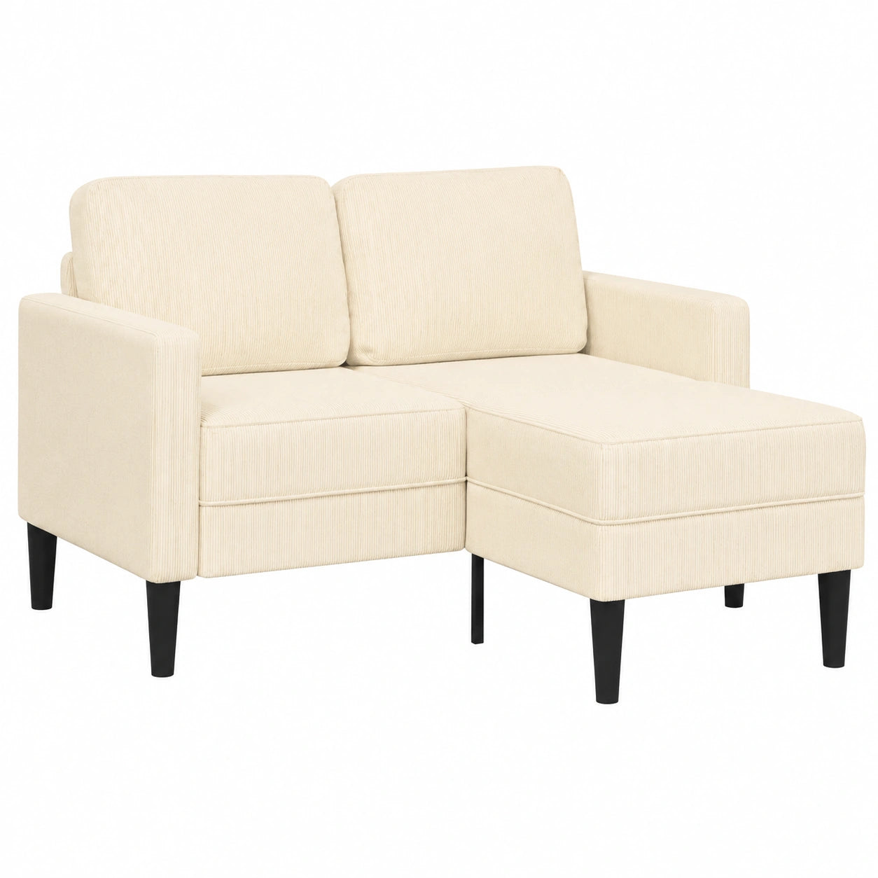Divano angolare compatto a 3 posti con chaise longue, rivestimento in lino crema, ideale per soggiorno e ufficio