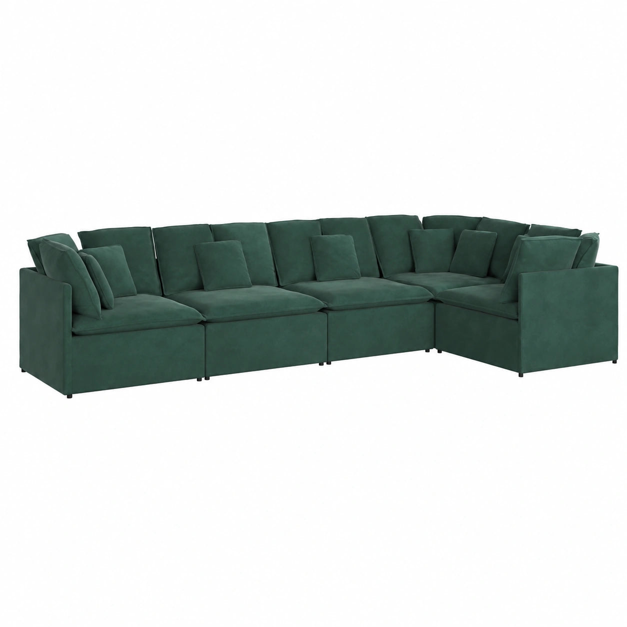 Divano angolare modulare in velluto verde, 400x200x64 cm, con struttura in metallo e cuscini extra