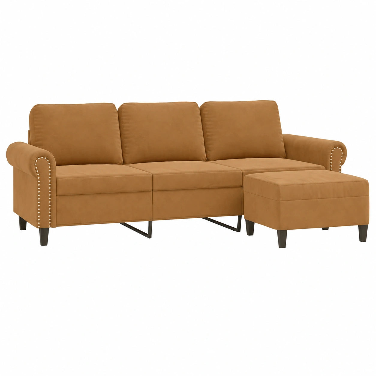 Divano angolare moderno in velluto marrone con sgabello, struttura in metallo, 212x77x80 cm