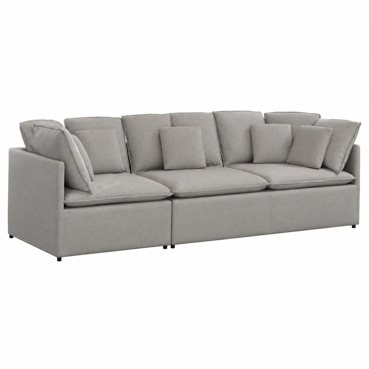 Divano modulare ad angolo grigio nuvola, moderno, con rivestimento in tessuto e struttura in metallo, 300x100x64 cm, per salotto e balcone