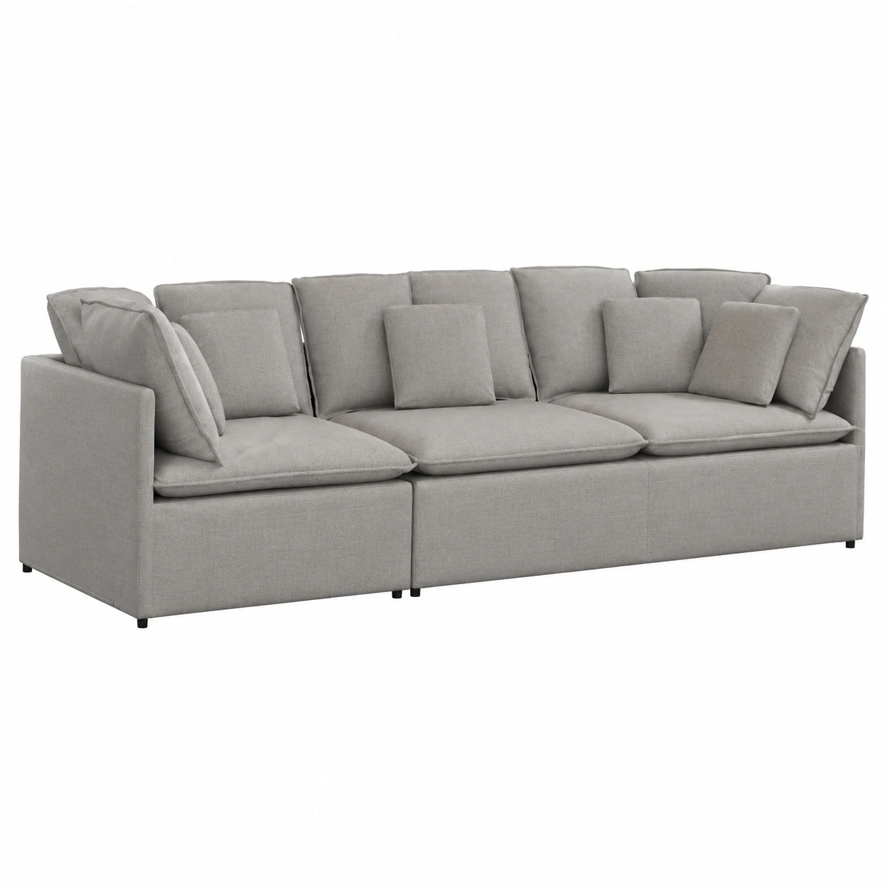 Divano modulare ad angolo grigio nuvola, moderno, con rivestimento in tessuto e struttura in metallo, 300x100x64 cm, per salotto e balcone