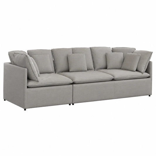 Divano modulare ad angolo grigio nuvola, moderno, con rivestimento in tessuto e struttura in metallo, 300x100x64 cm, per salotto e balcone