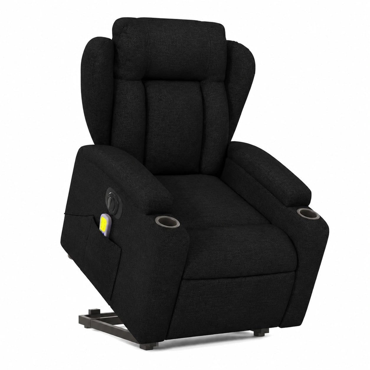 Brokky - Poltrona Alzapersona Elettrica Massaggiante in Tessuto Nero, Reclinabile e Ergonomica per Salotto e Ufficio
