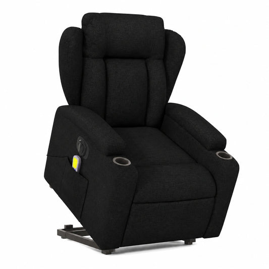 Brokky - Poltrona Alzapersona Elettrica Massaggiante in Tessuto Nero, Reclinabile e Ergonomica per Salotto e Ufficio
