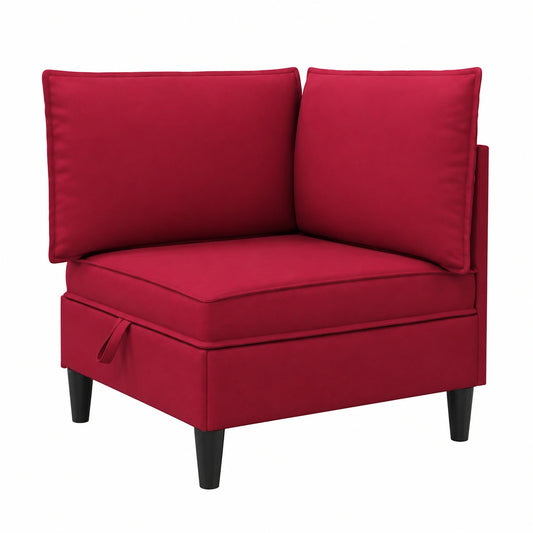 Divano angolare in velluto rosso con contenitore integrato, design elegante per soggiorno