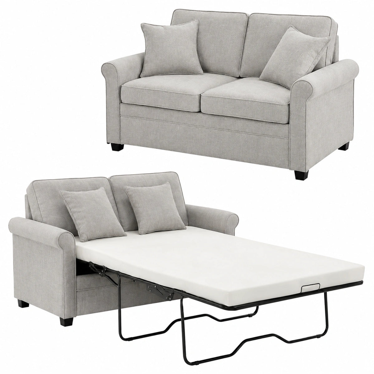 Divano Letto 2 Posti in Tessuto Grigio con Cuscino Memory Ergonomico e Apertura Facile, Alta Densità, 142.5 x 77 x 86 cm