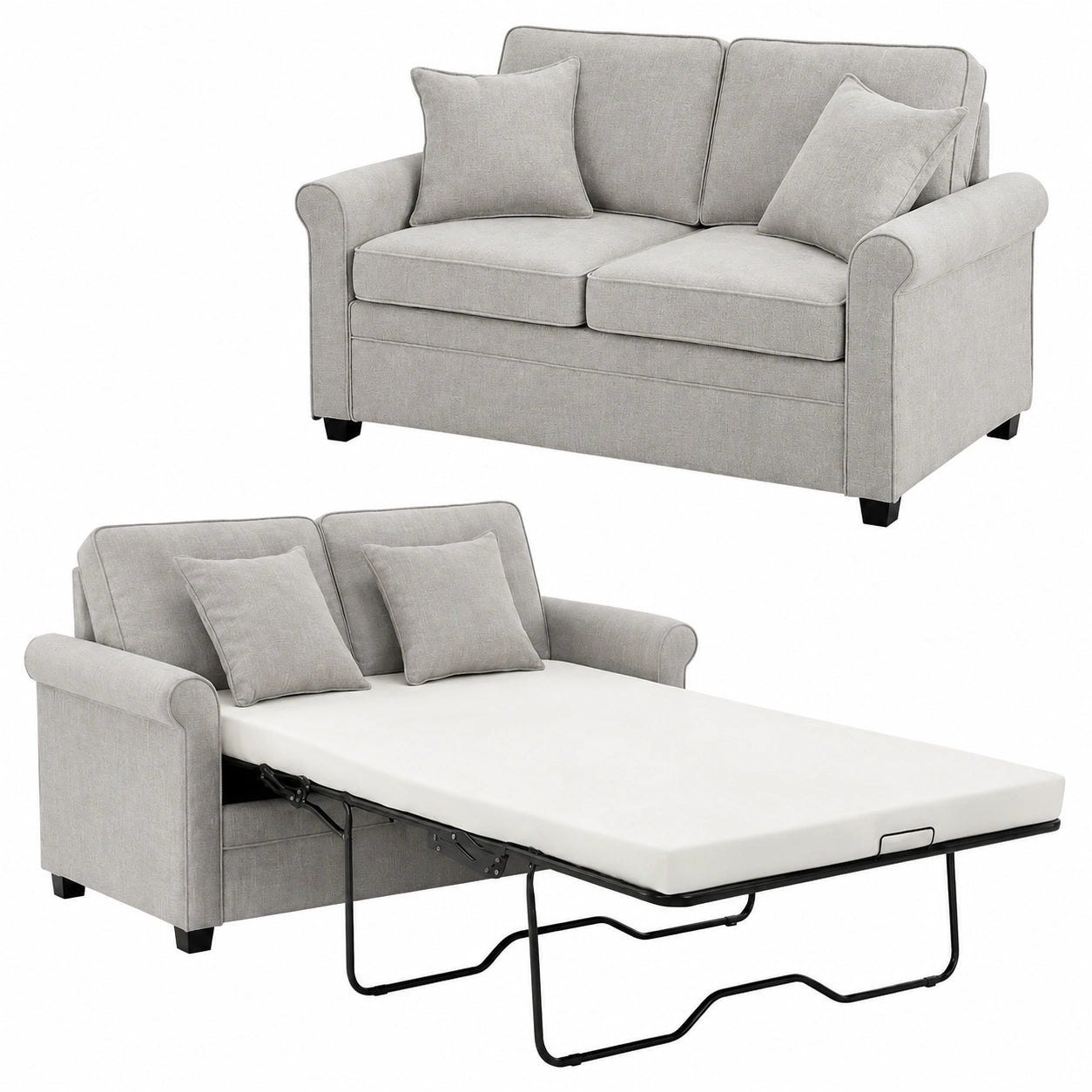 Divano Letto 2 Posti in Tessuto Grigio con Cuscino Memory Ergonomico e Apertura Facile, Alta Densità, 142.5 x 77 x 86 cm
