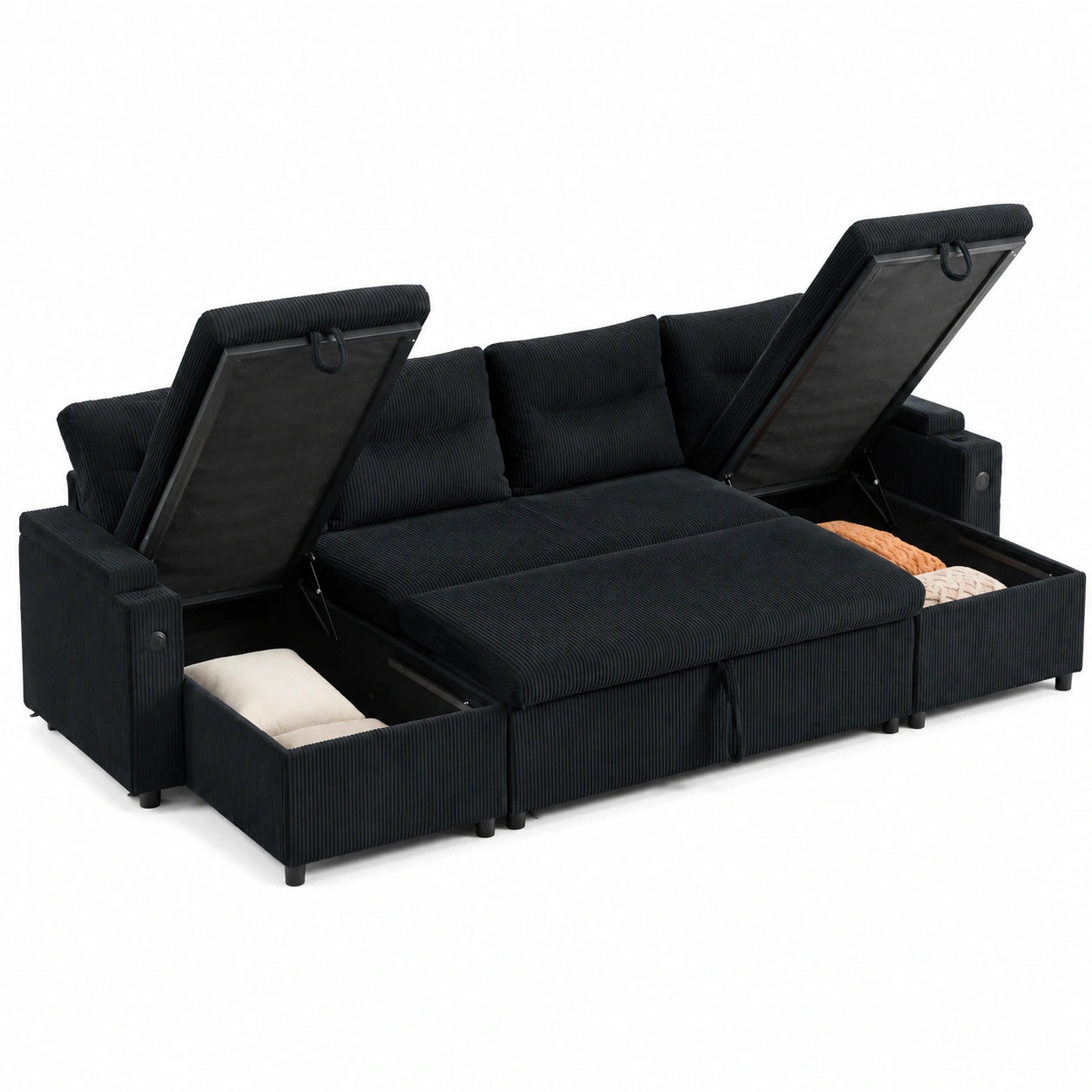 Divano Letto Moderno a U in Velluto a Coste con Chaise Longue, Porta USB e Portabicchieri - 4 Posti, Contenitore Integrato, Colore Nero