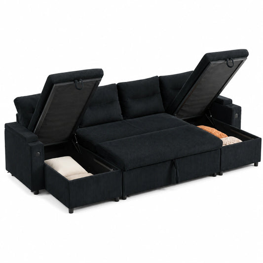 Divano Letto Moderno a U in Velluto a Coste con Chaise Longue, Porta USB e Portabicchieri - 4 Posti, Contenitore Integrato, Colore Nero