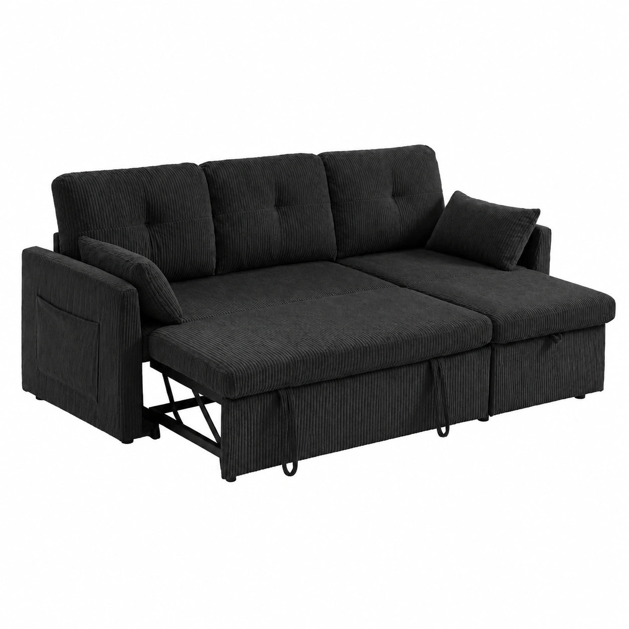 Divano Letto Angolare 3 Posti in Velluto Nero con Chaise Longue Intercambiabile e Contenitore